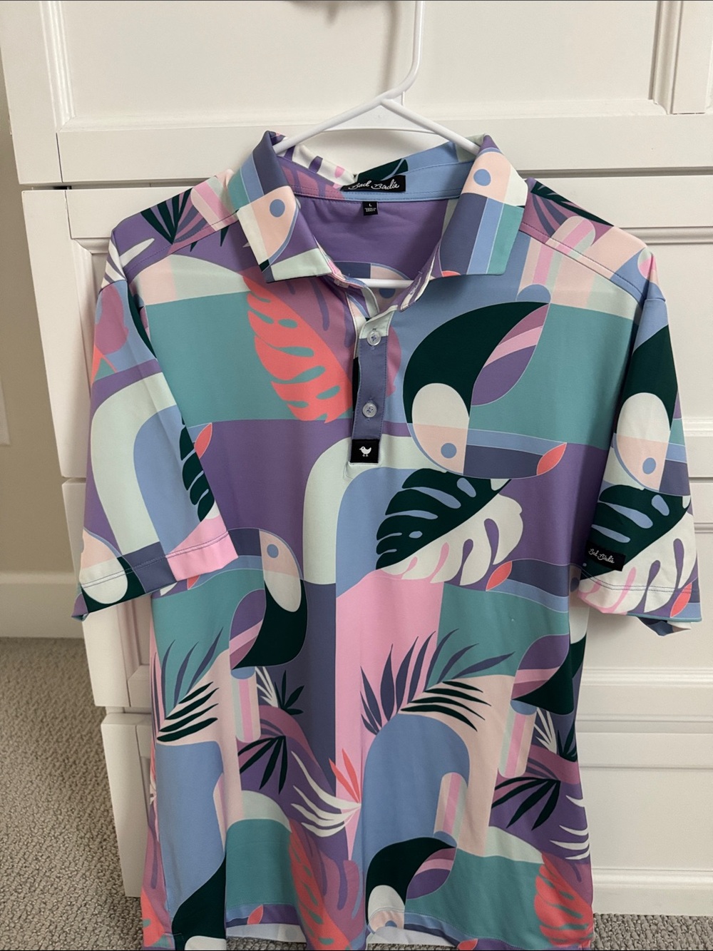 Bad Birdie! Men's Tropical Print Polo Shirt in Purple and Teal